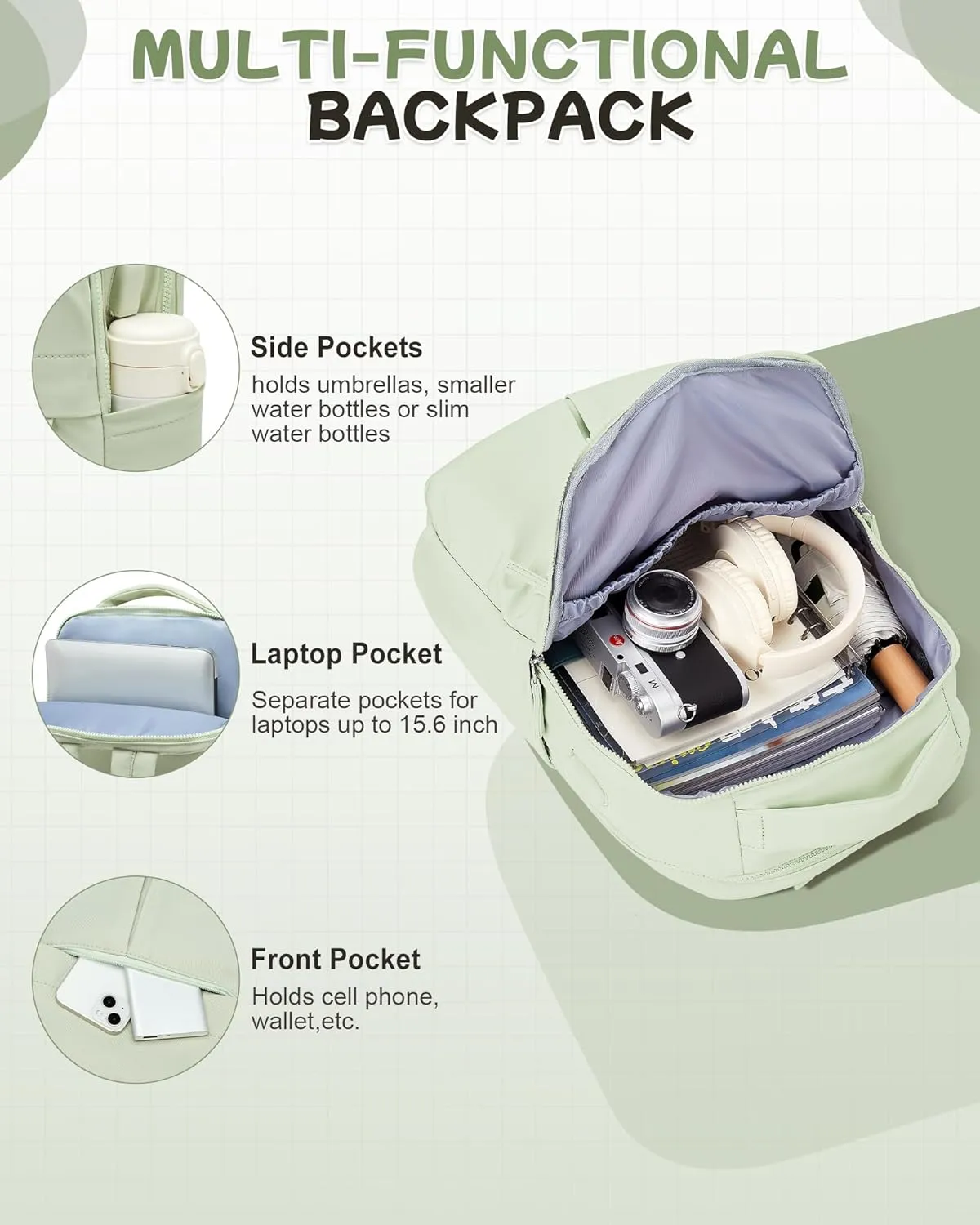 Laptop Backpack for Women Men Gym Work Backpack Casual Daypack Backpacks Small Travel Backpack for Traveling on Airplane Lightweight College Teacher Backpacks for Women Green