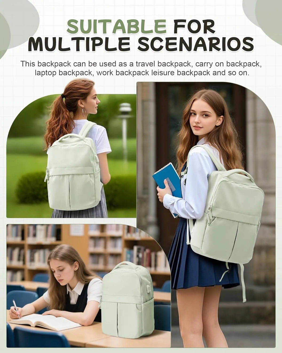 Laptop Backpack for Women Men Gym Work Backpack Casual Daypack Backpacks Small Travel Backpack for Traveling on Airplane Lightweight College Teacher Backpacks for Women Green