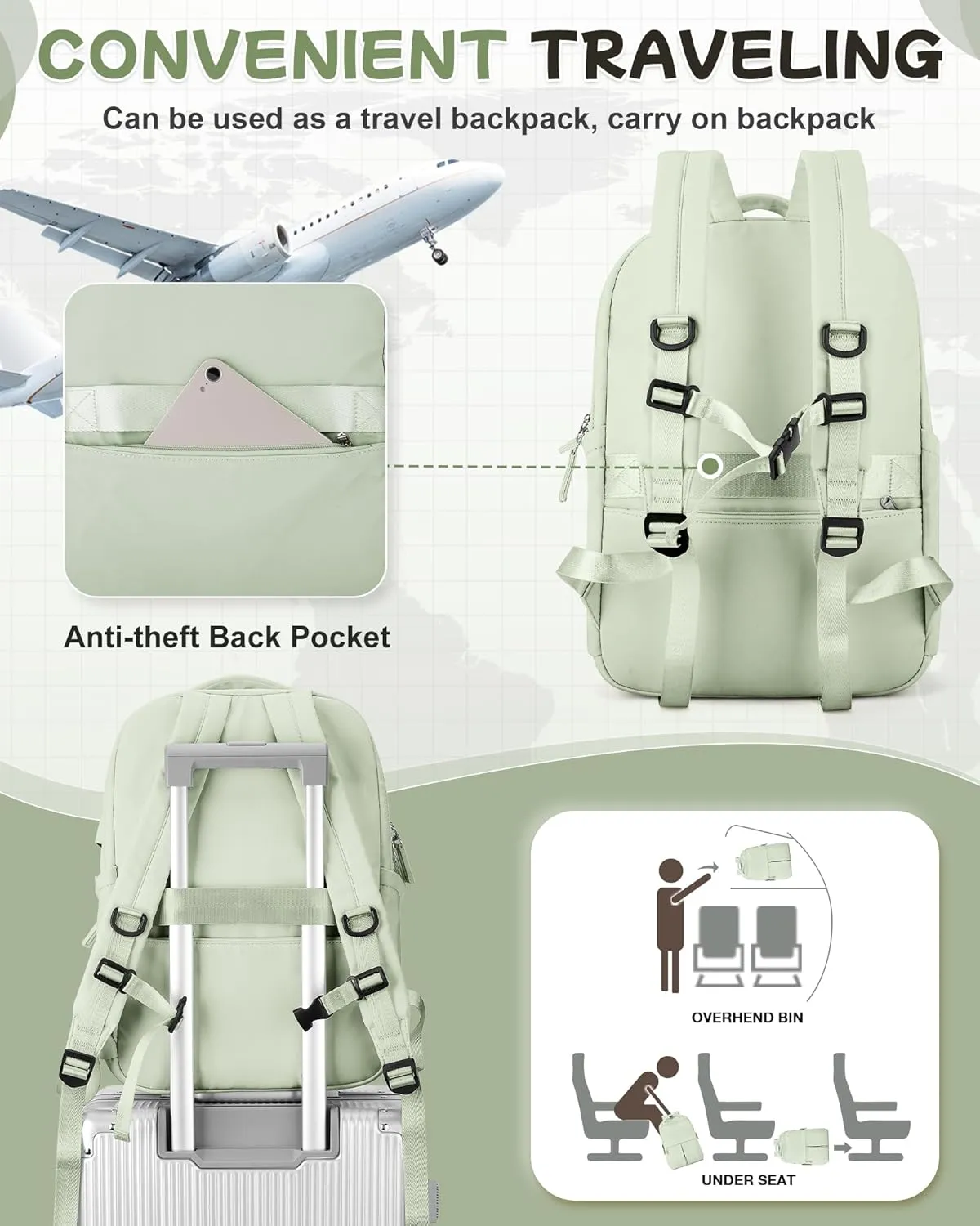Laptop Backpack for Women Men Gym Work Backpack Casual Daypack Backpacks Small Travel Backpack for Traveling on Airplane Lightweight College Teacher Backpacks for Women Green