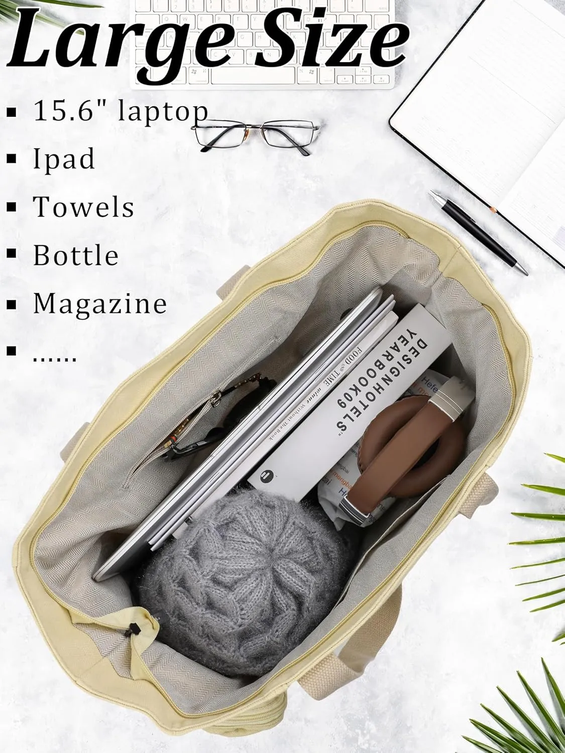 Large Canvas Tote Bag for Women - Durable Tote bags with interior Pocket and Zipper perfect for Travel and Daily Use