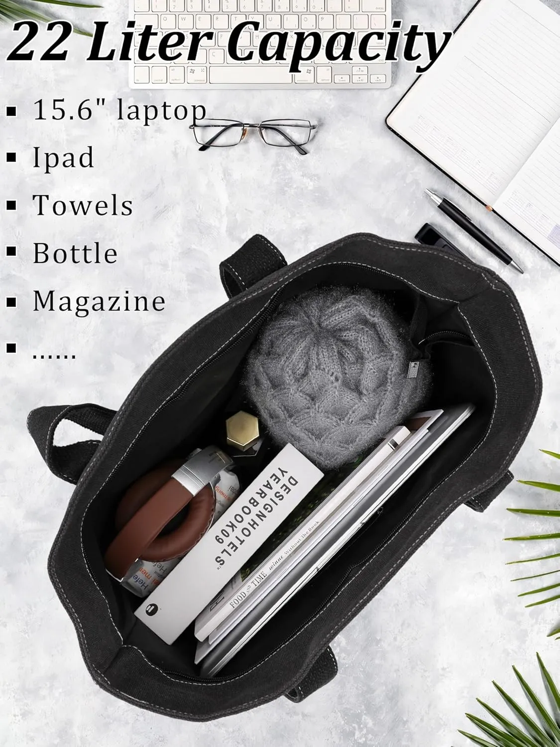 Large Canvas Tote Bag with Zipper for Women - Durable Women's Tote Purse with Front Pocket