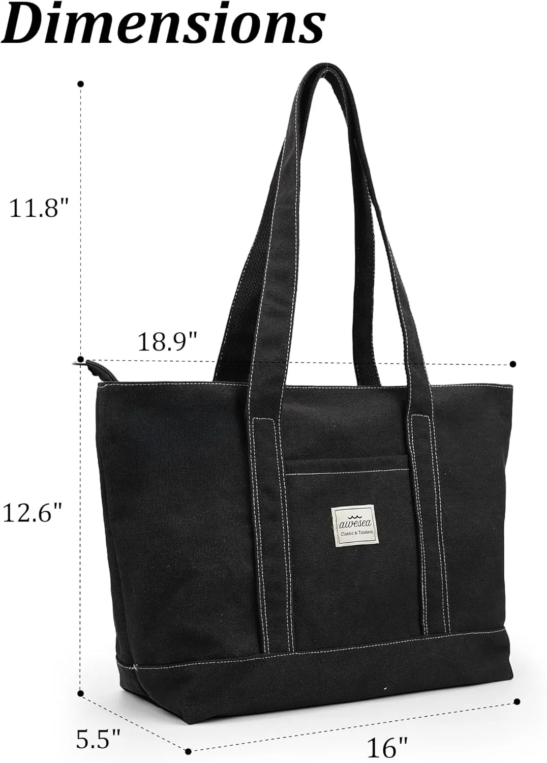 Large Canvas Tote Bag with Zipper for Women - Durable Women's Tote Purse with Front Pocket