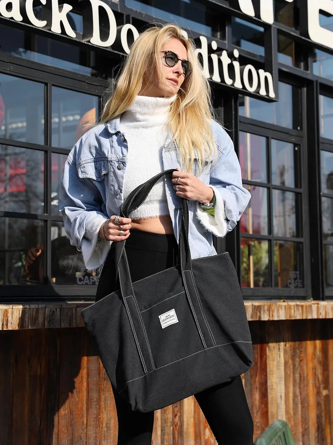 Large Canvas Tote Bag with Zipper for Women - Durable Women's Tote Purse with Front Pocket