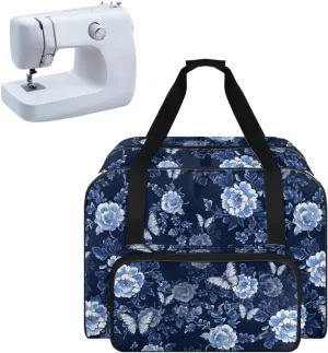 Large Capacity Sewing Machine Carrying Case Durable Tote Bag with Comfortable Handle and Two-Way Zipper Compatible with Most Sewing Machines, Blue Peony Flower Butterfly Print