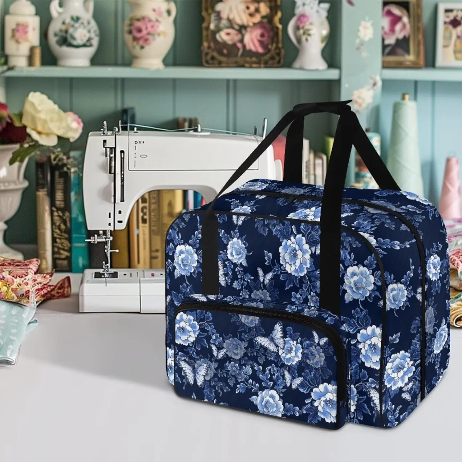 Large Capacity Sewing Machine Carrying Case Durable Tote Bag with Comfortable Handle and Two-Way Zipper Compatible with Most Sewing Machines, Blue Peony Flower Butterfly Print