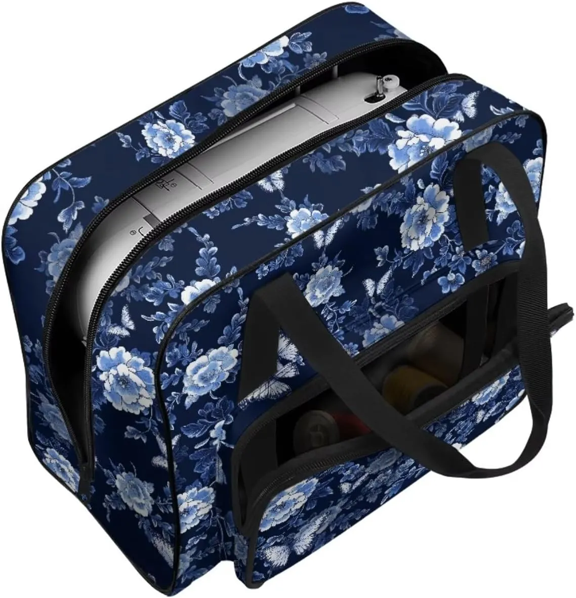 Large Capacity Sewing Machine Carrying Case Durable Tote Bag with Comfortable Handle and Two-Way Zipper Compatible with Most Sewing Machines, Blue Peony Flower Butterfly Print