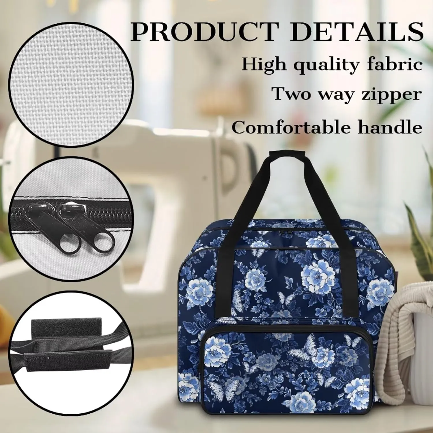 Large Capacity Sewing Machine Carrying Case Durable Tote Bag with Comfortable Handle and Two-Way Zipper Compatible with Most Sewing Machines, Blue Peony Flower Butterfly Print
