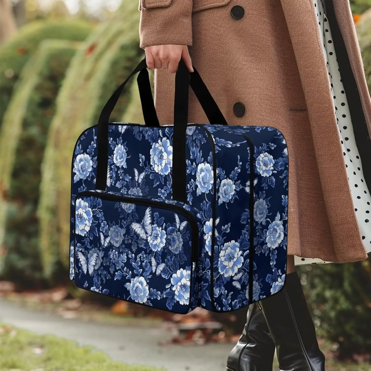 Large Capacity Sewing Machine Carrying Case Durable Tote Bag with Comfortable Handle and Two-Way Zipper Compatible with Most Sewing Machines, Blue Peony Flower Butterfly Print
