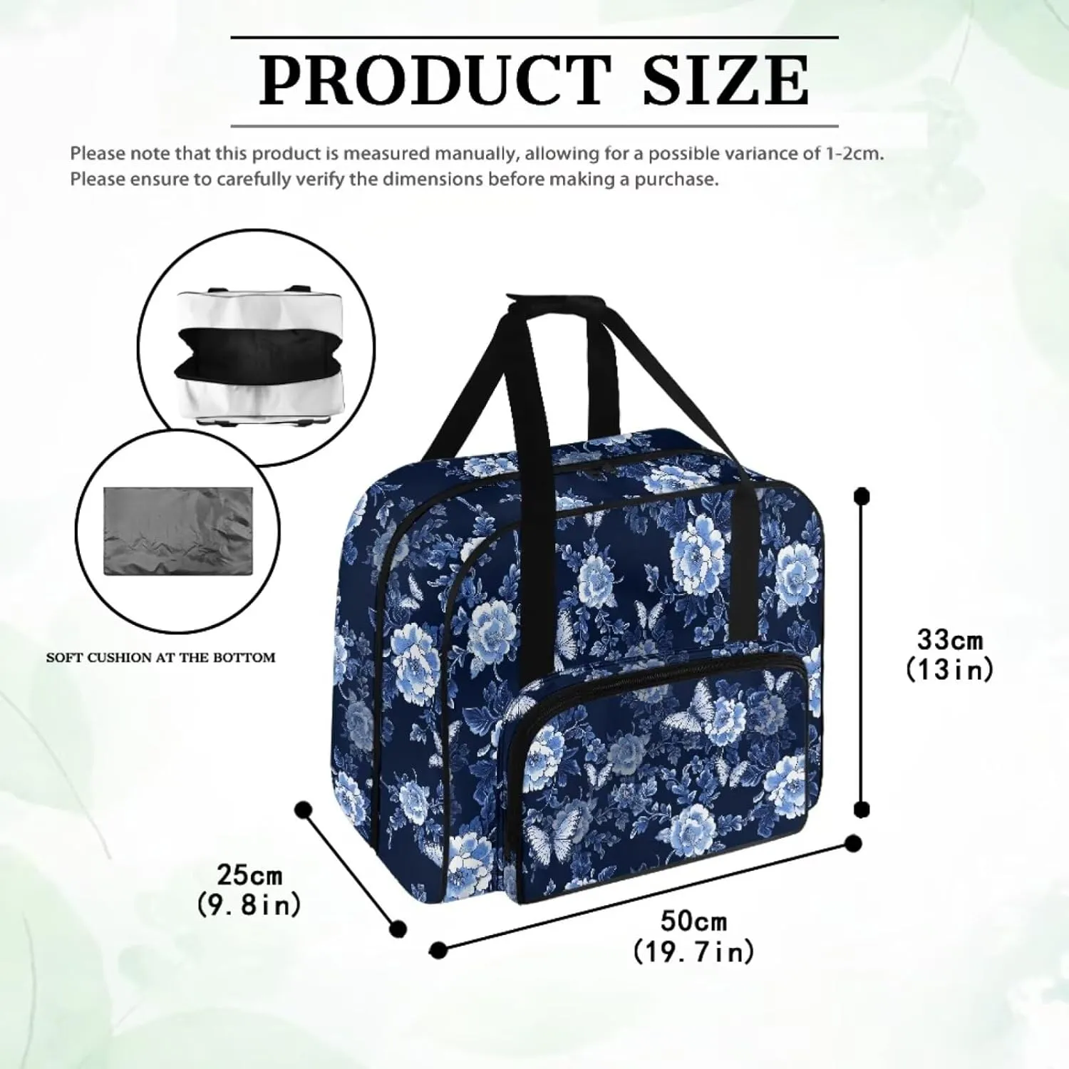 Large Capacity Sewing Machine Carrying Case Durable Tote Bag with Comfortable Handle and Two-Way Zipper Compatible with Most Sewing Machines, Blue Peony Flower Butterfly Print