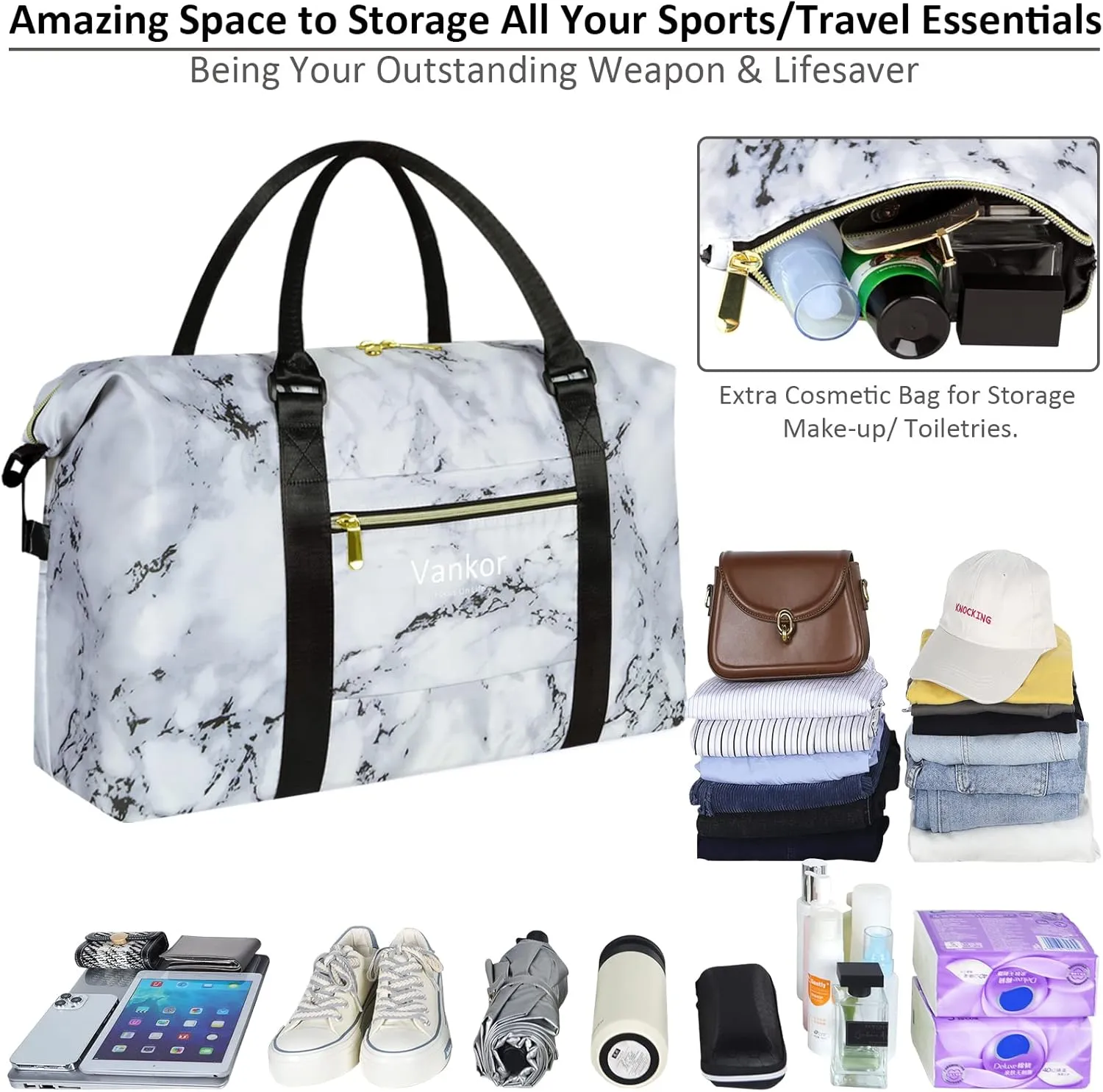 Large Duffle Bag for Travel Waterproof 21 Inch, Vankor Gym Duffel Bag for Women Men Durable Carry on Weekender Overnight Sports Luggage Weekend Beach Yoga Workout Hospital Mommy Diaper Bag Marble