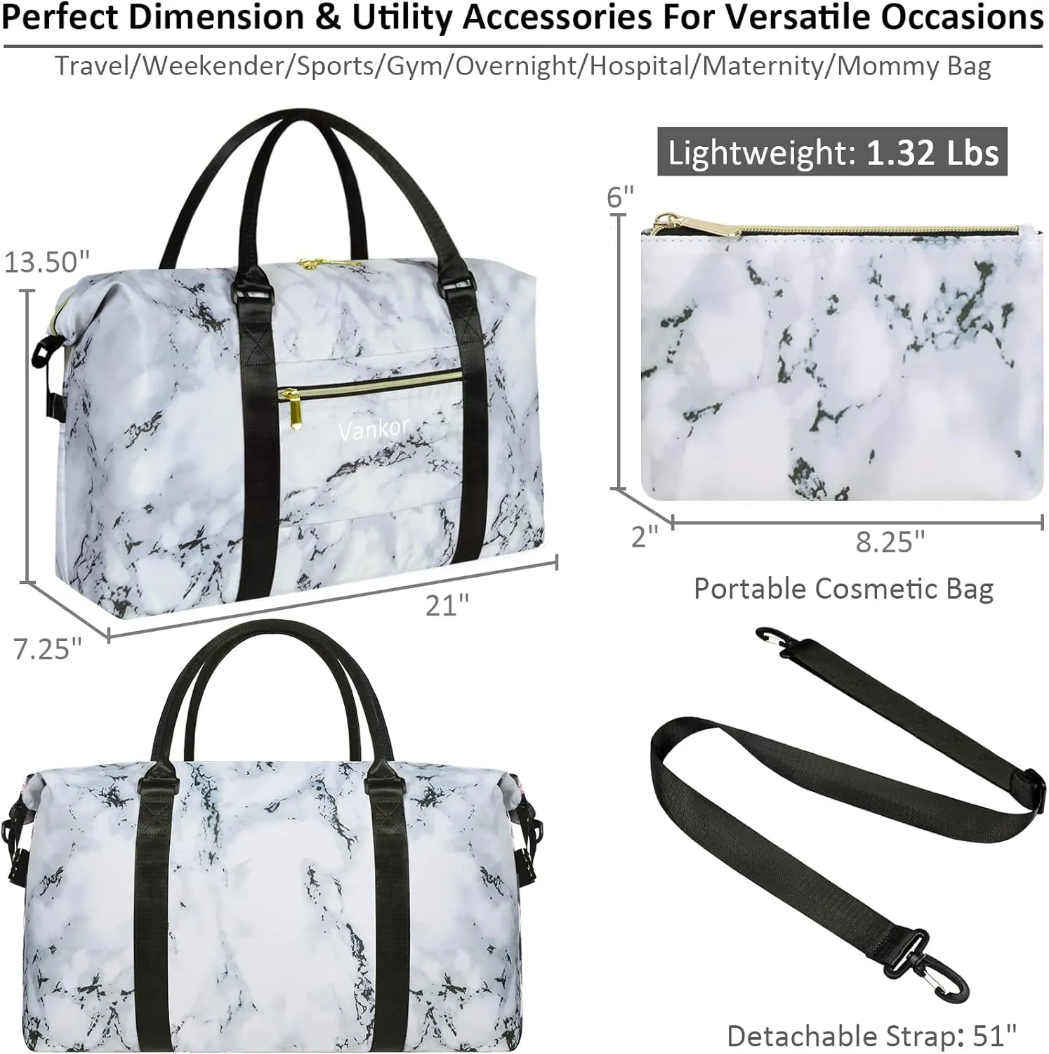 Large Duffle Bag for Travel Waterproof 21 Inch, Vankor Gym Duffel Bag for Women Men Durable Carry on Weekender Overnight Sports Luggage Weekend Beach Yoga Workout Hospital Mommy Diaper Bag Marble
