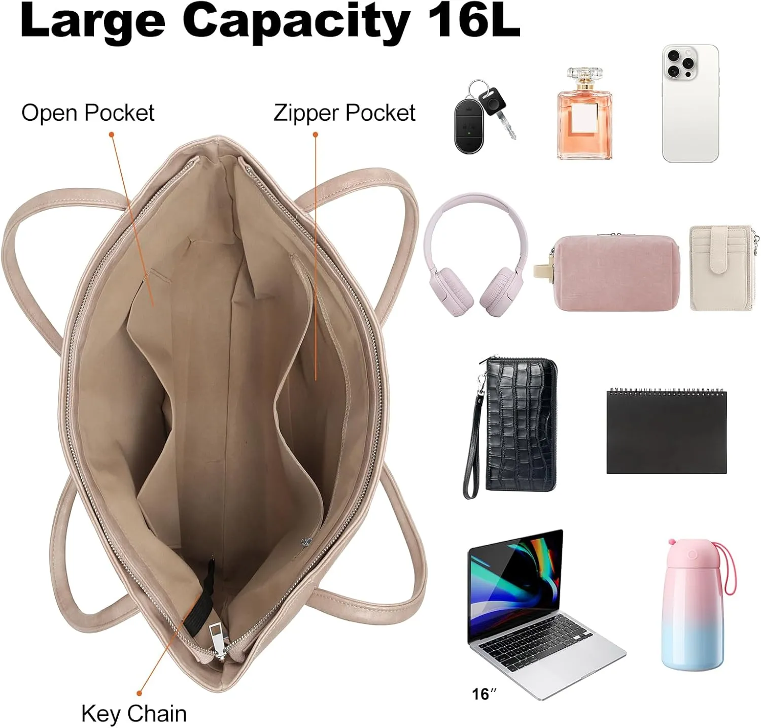 Large Tote Bag for Women Work with Zipper 16L Vegan Leather Ladies Travel Purses and Handbags