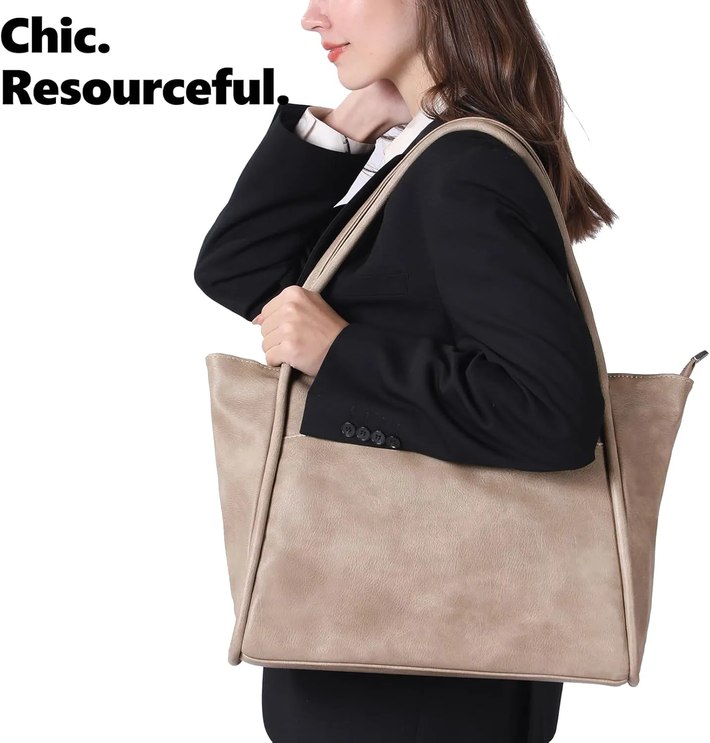 Large Tote Bag for Women Work with Zipper 16L Vegan Leather Ladies Travel Purses and Handbags