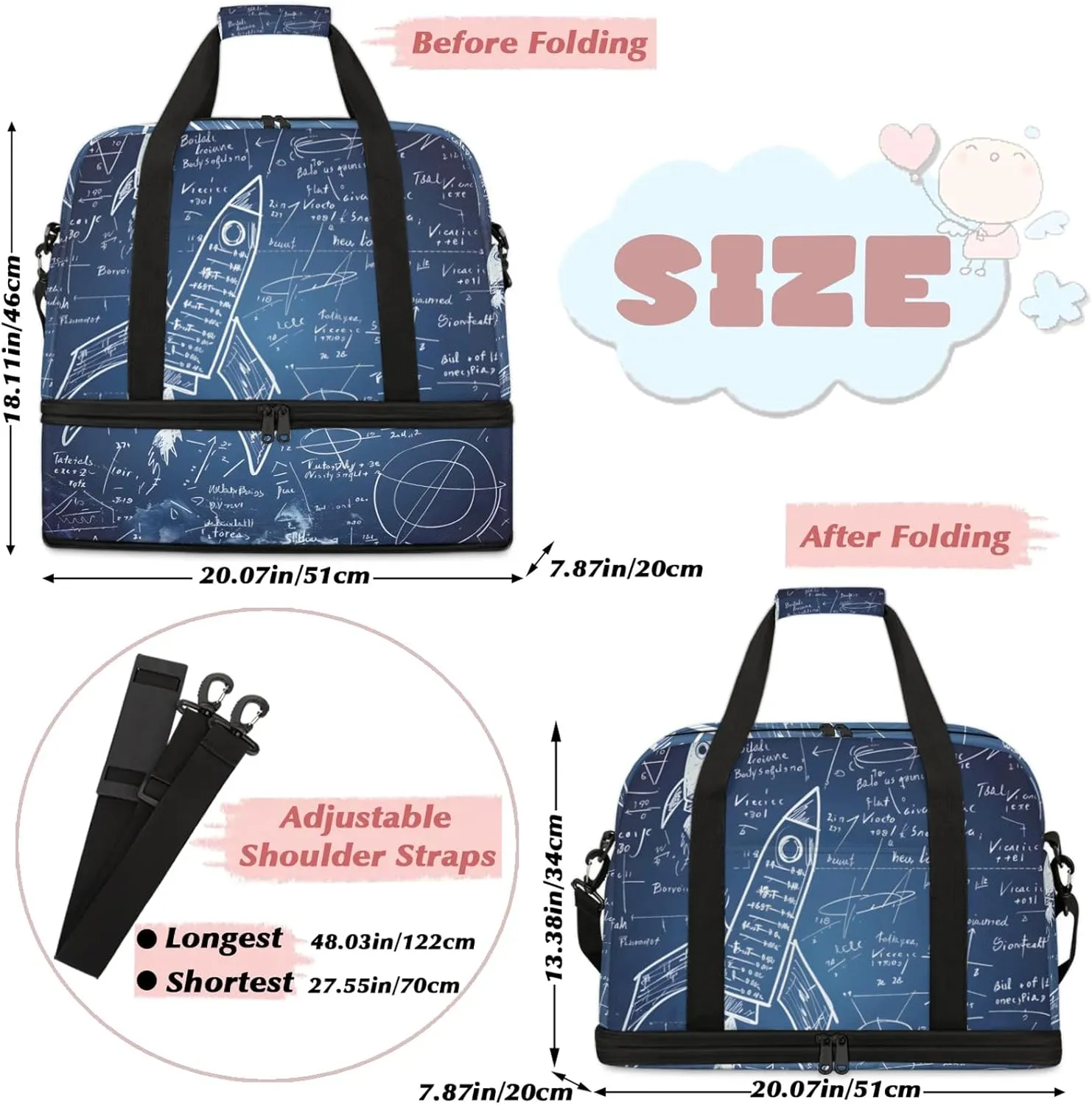 Large Travel Duffel Bag for Women Men Abstract Education Mathematics Gym Bag Weekender Overnight Bags With Shoe Compartment Foldie Travel Tote Bag Carry On Personal Item Bag for Travel Gym Sports