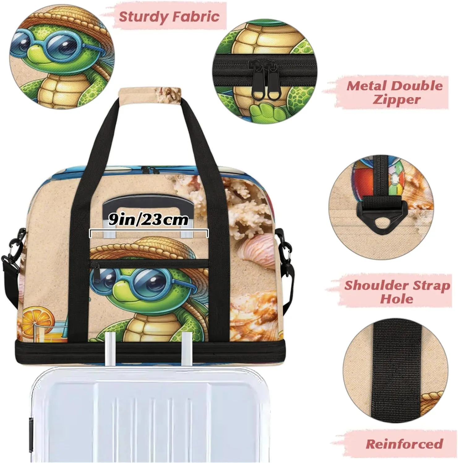 Large Travel Duffel Bag for Women Men Shell Beach Turtle Summer Gym Bag Weekender Overnight Bags With Shoe Compartment Foldie Travel Tote Bag Carry On Personal Item Bag for Travel Gym Sports