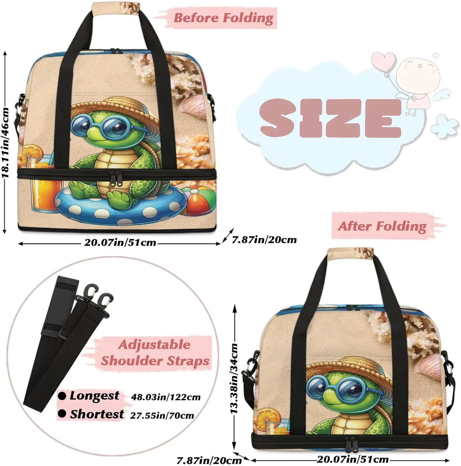 Large Travel Duffel Bag for Women Men Shell Beach Turtle Summer Gym Bag Weekender Overnight Bags With Shoe Compartment Foldie Travel Tote Bag Carry On Personal Item Bag for Travel Gym Sports