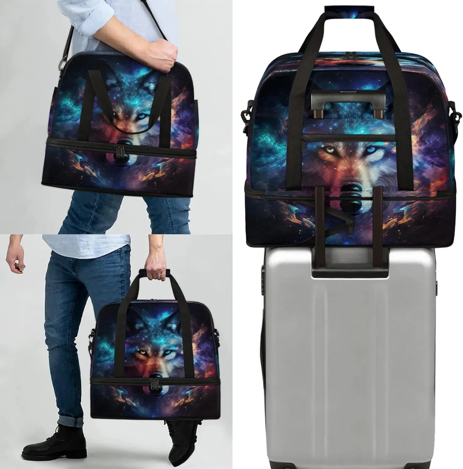 Large Travel Duffel Bag for Women Men Wolf Galaxy Rainbow Animal Gym Bag Weekender Overnight Bags With Shoe Compartment Foldie Travel Tote Bag Carry On Personal Item Bag for Travel Gym Sports Hospital