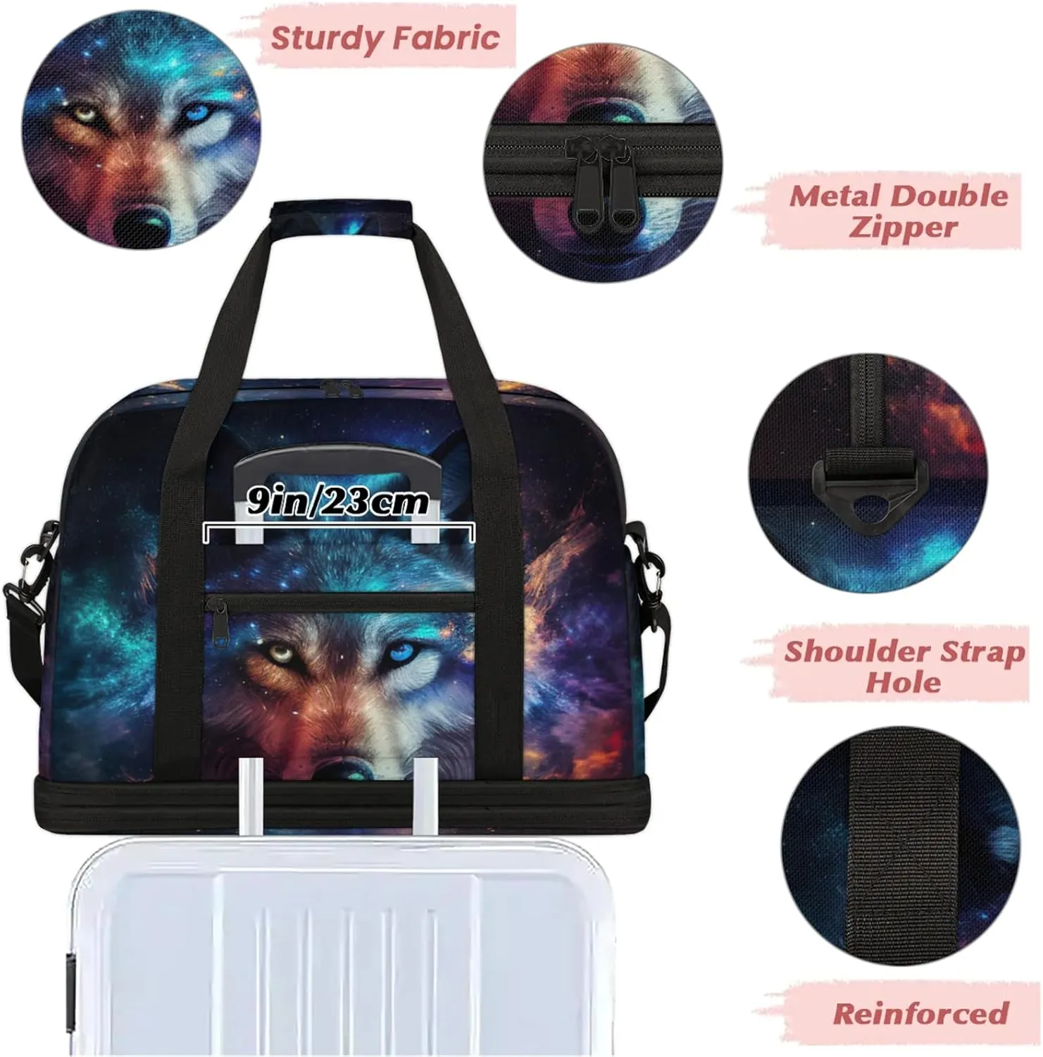 Large Travel Duffel Bag for Women Men Wolf Galaxy Rainbow Animal Gym Bag Weekender Overnight Bags With Shoe Compartment Foldie Travel Tote Bag Carry On Personal Item Bag for Travel Gym Sports Hospital