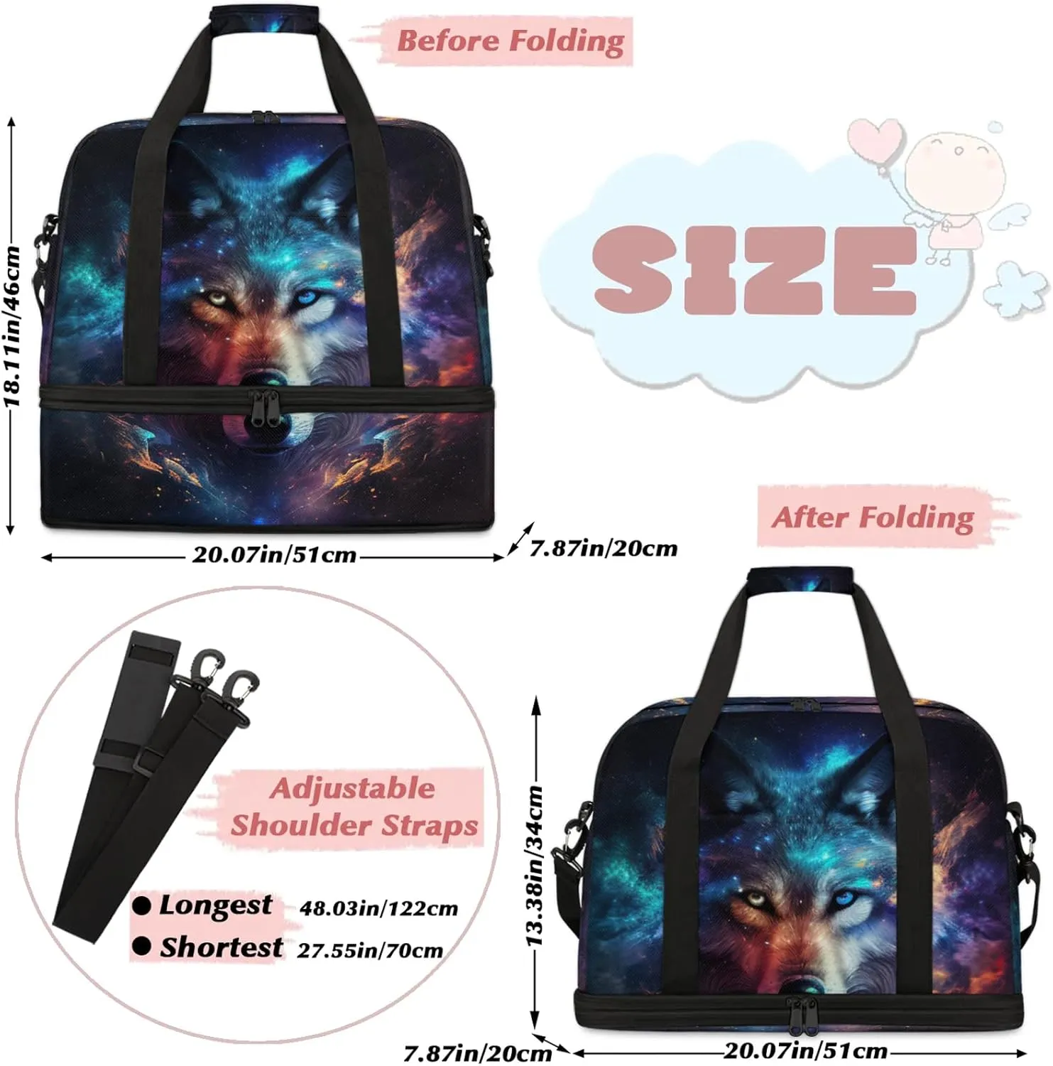 Large Travel Duffel Bag for Women Men Wolf Galaxy Rainbow Animal Gym Bag Weekender Overnight Bags With Shoe Compartment Foldie Travel Tote Bag Carry On Personal Item Bag for Travel Gym Sports Hospital