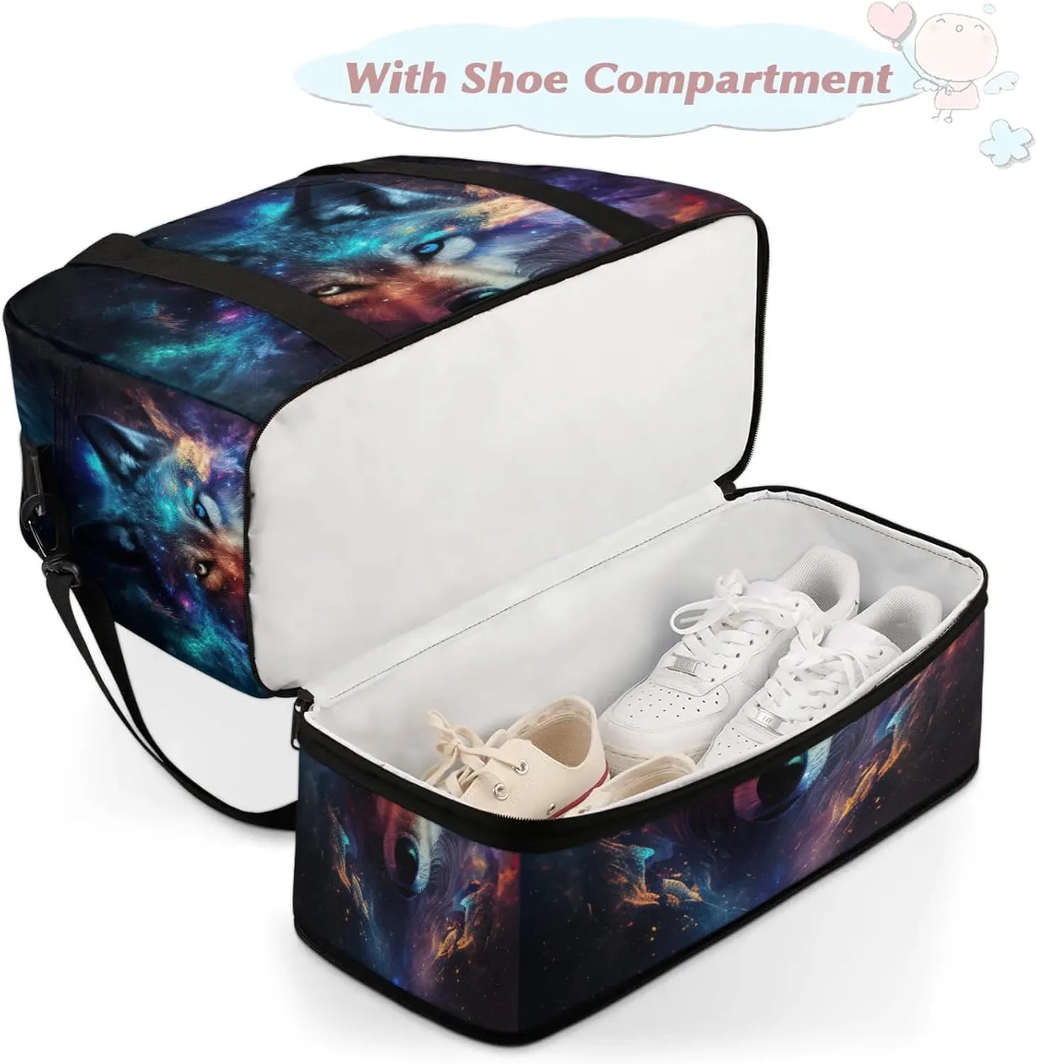 Large Travel Duffel Bag for Women Men Wolf Galaxy Rainbow Animal Gym Bag Weekender Overnight Bags With Shoe Compartment Foldie Travel Tote Bag Carry On Personal Item Bag for Travel Gym Sports Hospital