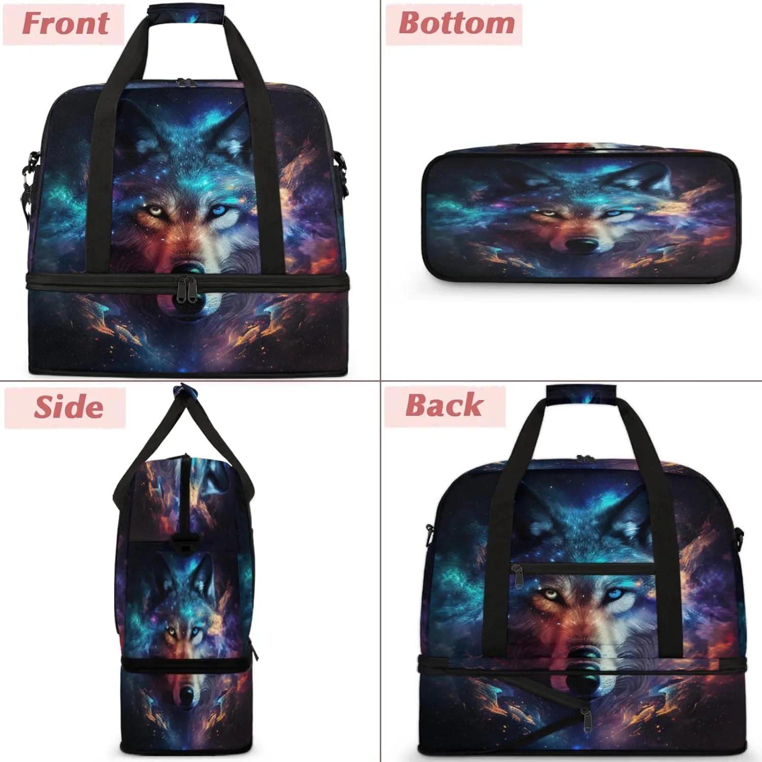 Large Travel Duffel Bag for Women Men Wolf Galaxy Rainbow Animal Gym Bag Weekender Overnight Bags With Shoe Compartment Foldie Travel Tote Bag Carry On Personal Item Bag for Travel Gym Sports Hospital