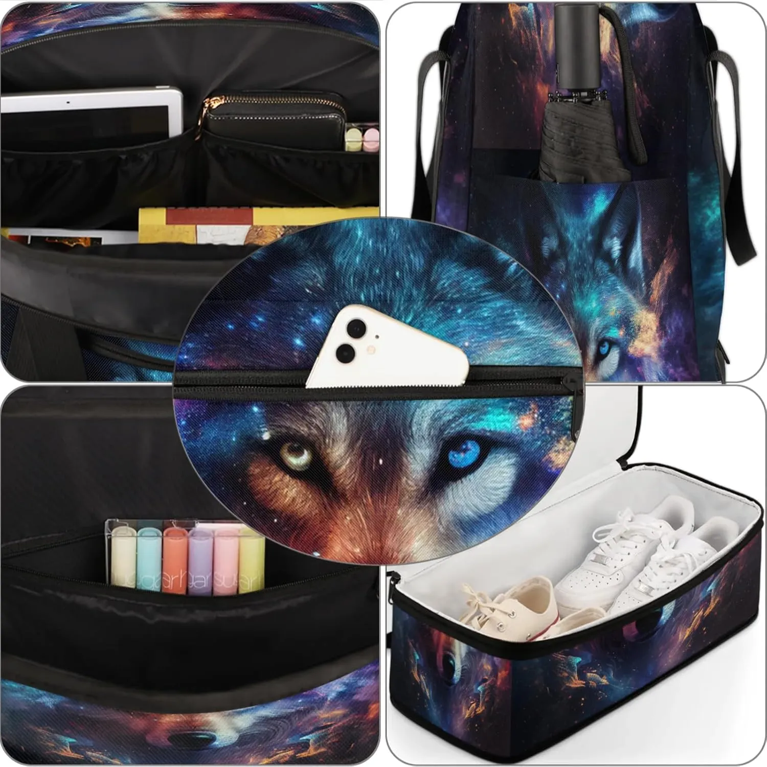 Large Travel Duffel Bag for Women Men Wolf Galaxy Rainbow Animal Gym Bag Weekender Overnight Bags With Shoe Compartment Foldie Travel Tote Bag Carry On Personal Item Bag for Travel Gym Sports Hospital