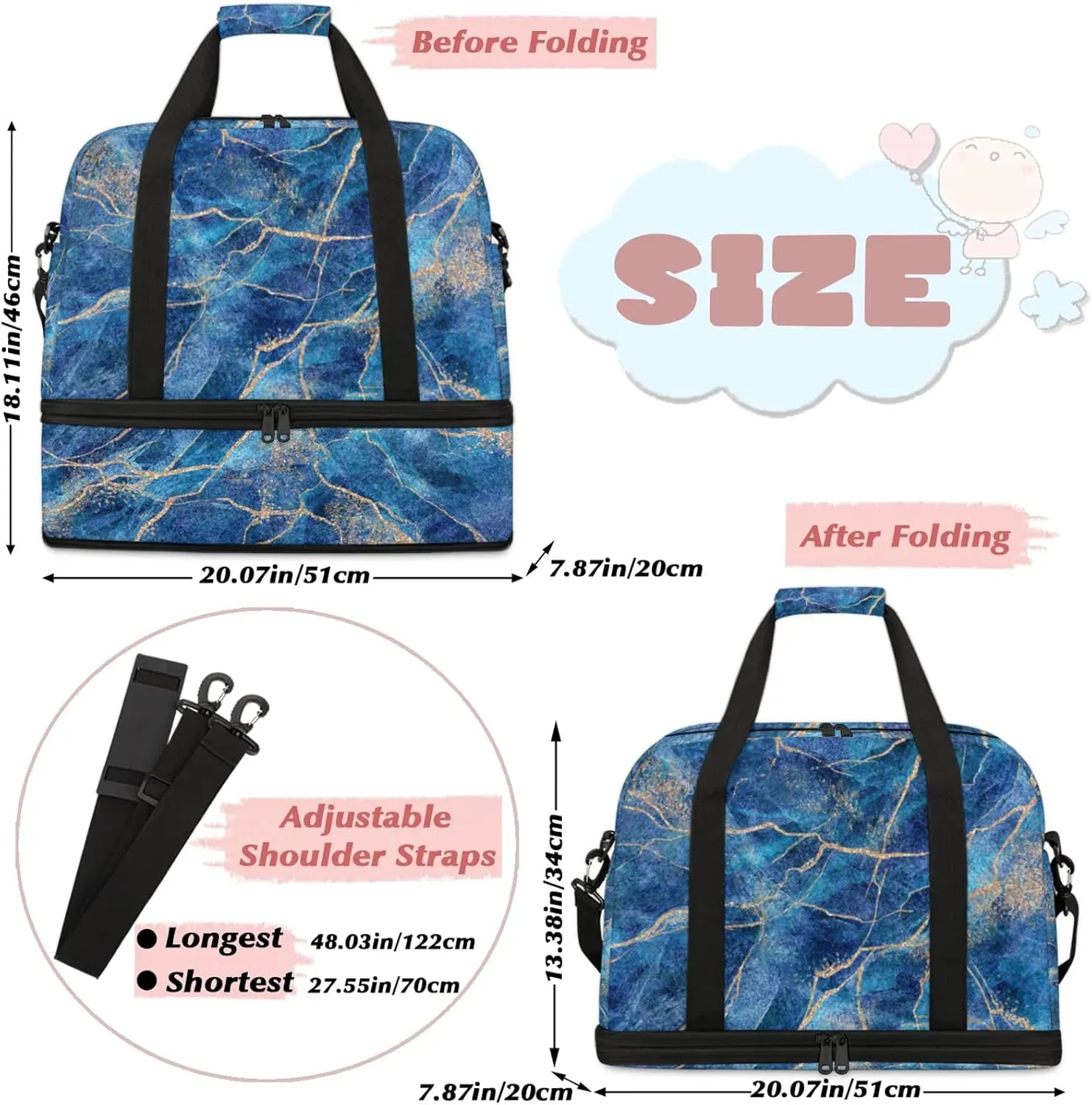Large Weekender Overnight Bags Travel Duffel Bag for Women Men Marble Abstract Blue Gym Bag With Shoe Compartment Foldie Travel Tote Bag Carry On Personal Item Bag for Travel Gym Sports