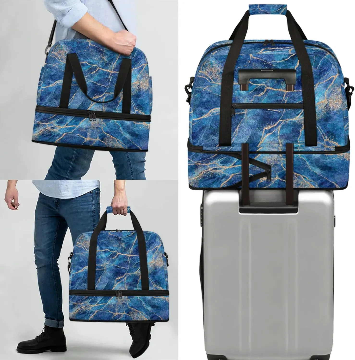 Large Weekender Overnight Bags Travel Duffel Bag for Women Men Marble Abstract Blue Gym Bag With Shoe Compartment Foldie Travel Tote Bag Carry On Personal Item Bag for Travel Gym Sports
