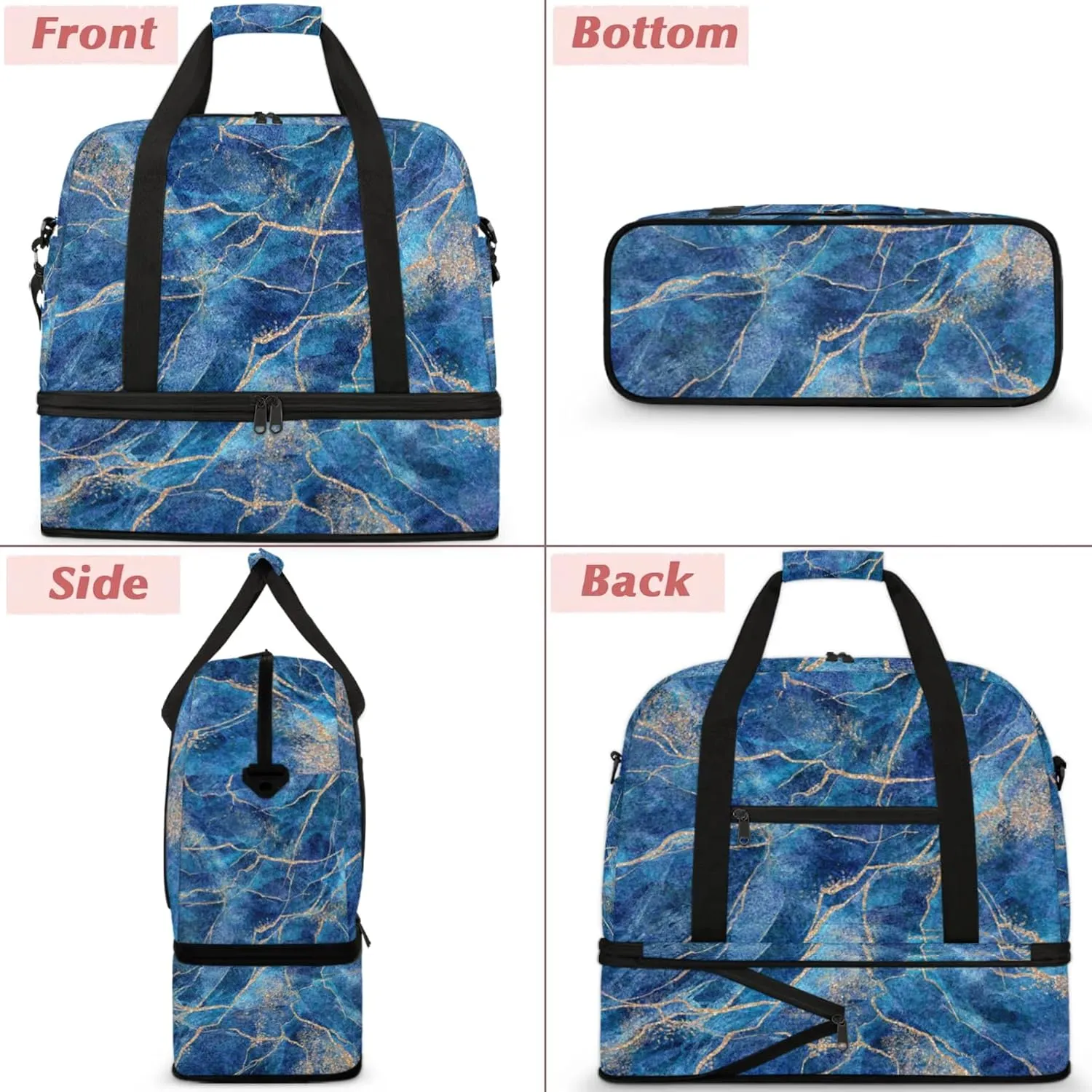 Large Weekender Overnight Bags Travel Duffel Bag for Women Men Marble Abstract Blue Gym Bag With Shoe Compartment Foldie Travel Tote Bag Carry On Personal Item Bag for Travel Gym Sports
