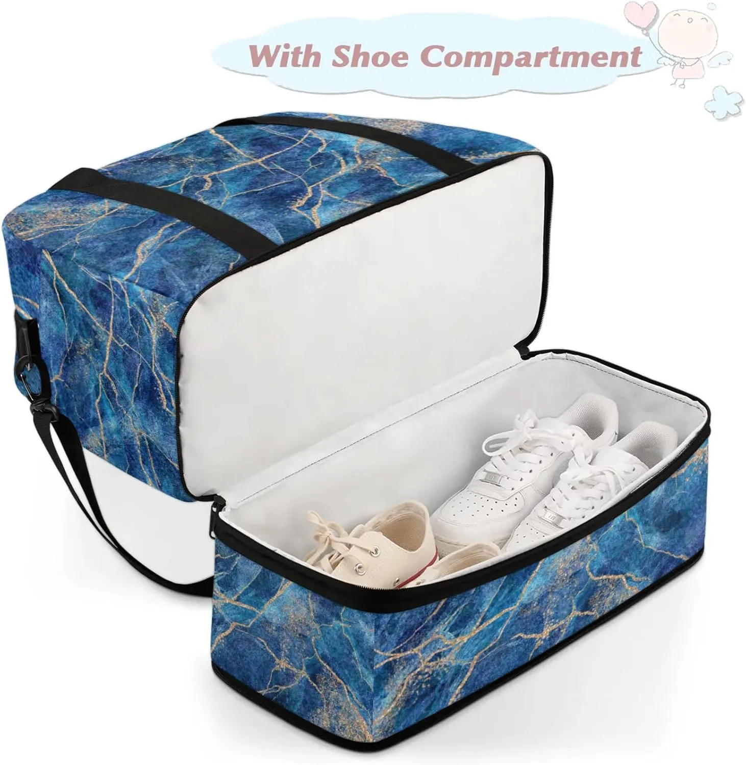 Large Weekender Overnight Bags Travel Duffel Bag for Women Men Marble Abstract Blue Gym Bag With Shoe Compartment Foldie Travel Tote Bag Carry On Personal Item Bag for Travel Gym Sports