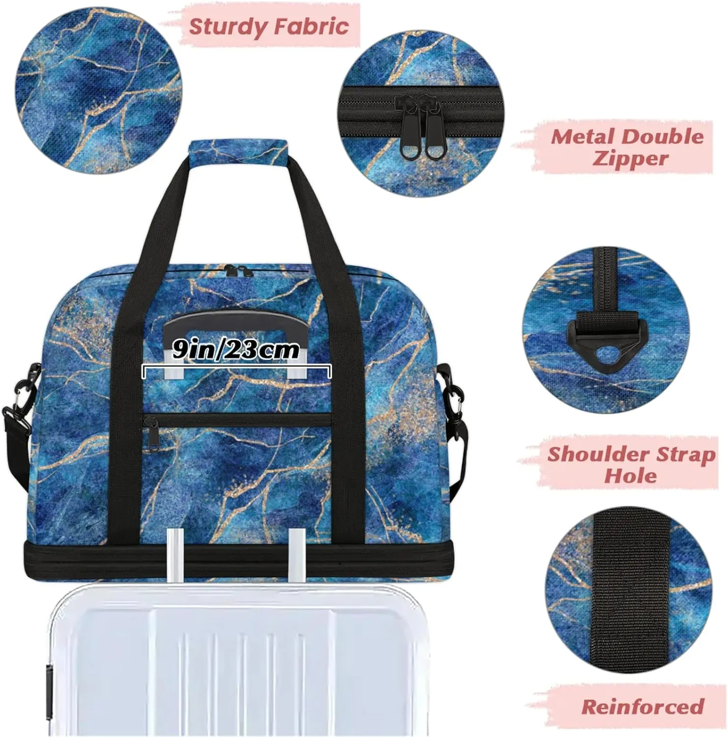 Large Weekender Overnight Bags Travel Duffel Bag for Women Men Marble Abstract Blue Gym Bag With Shoe Compartment Foldie Travel Tote Bag Carry On Personal Item Bag for Travel Gym Sports