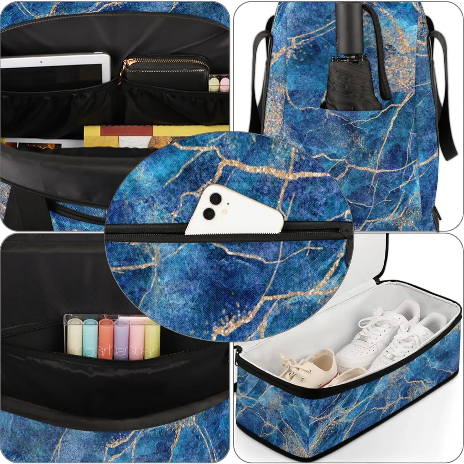 Large Weekender Overnight Bags Travel Duffel Bag for Women Men Marble Abstract Blue Gym Bag With Shoe Compartment Foldie Travel Tote Bag Carry On Personal Item Bag for Travel Gym Sports