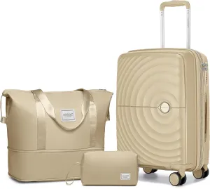 LARVENDER 20in Carry On Luggage, PP Hardside Luggage Set 3 Piece, Expandable Travel Suitcase Set with TSA Lock, Lightweight Suitcases with Wheels for Women Men(CHAMPAGNE/20/DB/TB)