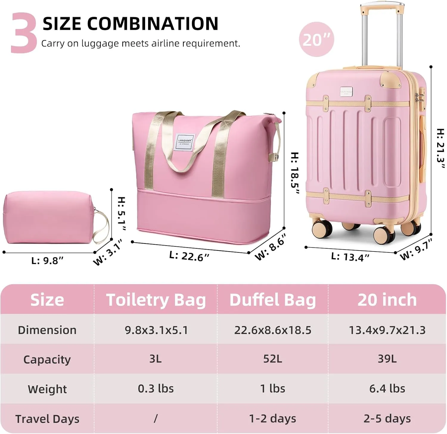 LARVENDER Luggage Sets 3 Piece, Expandable Carry on Luggage 22x14x9 Airline Approved Hardshell Suitcases with Spinner Wheels TSA Lock, Vintage Rolling Luggage for Men and Women, Pink