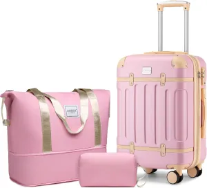 LARVENDER Luggage Sets 3 Piece, Expandable Carry on Luggage 22x14x9 Airline Approved Hardshell Suitcases with Spinner Wheels TSA Lock, Vintage Rolling Luggage for Men and Women, Pink