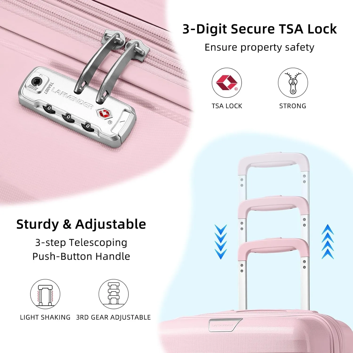 LARVENDER Luggage Sets 3 Piece with Duffel Bag Hardside PP Carry On Suitcase with 360° Spinner Wheels TSA Lock Luggage Sets for Women, Orchid Pink