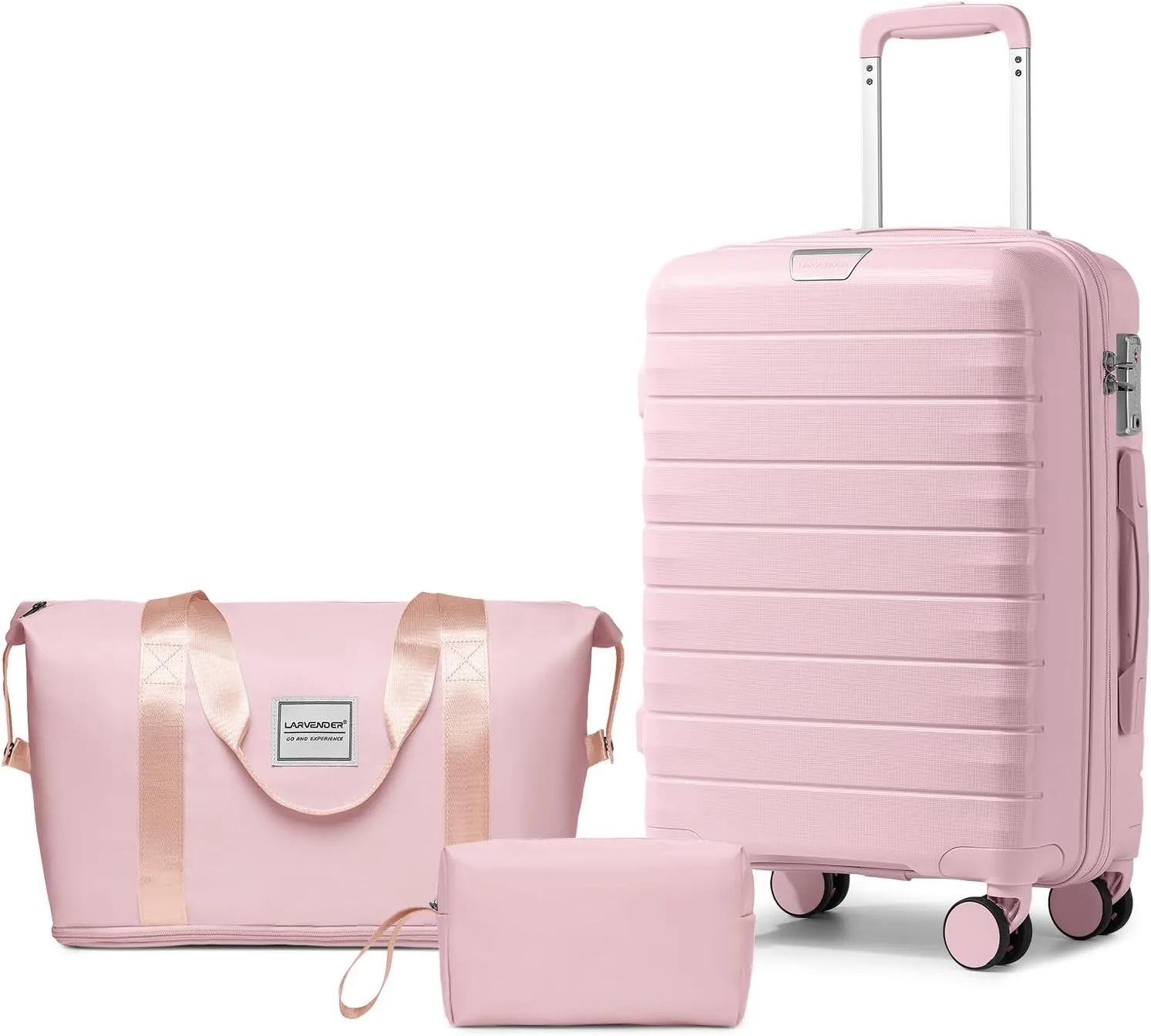 LARVENDER Luggage Sets 3 Piece with Duffel Bag Hardside PP Carry On Suitcase with 360° Spinner Wheels TSA Lock Luggage Sets for Women, Orchid Pink