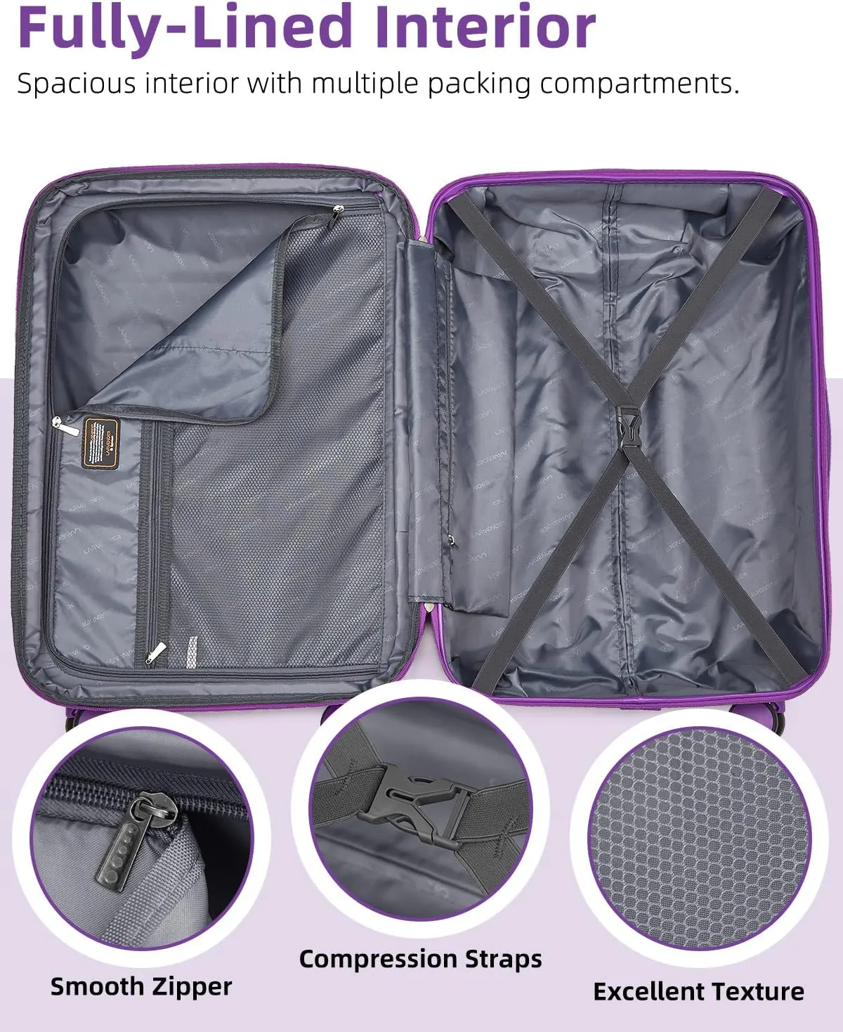 LARVENDER Luggage Sets 6 Piece Hardside Expandable Suitcase with Wheels TSA Lock, PC ABS Hardshell Lightweight Travel Luggage Sets for Women, Glossy Purple