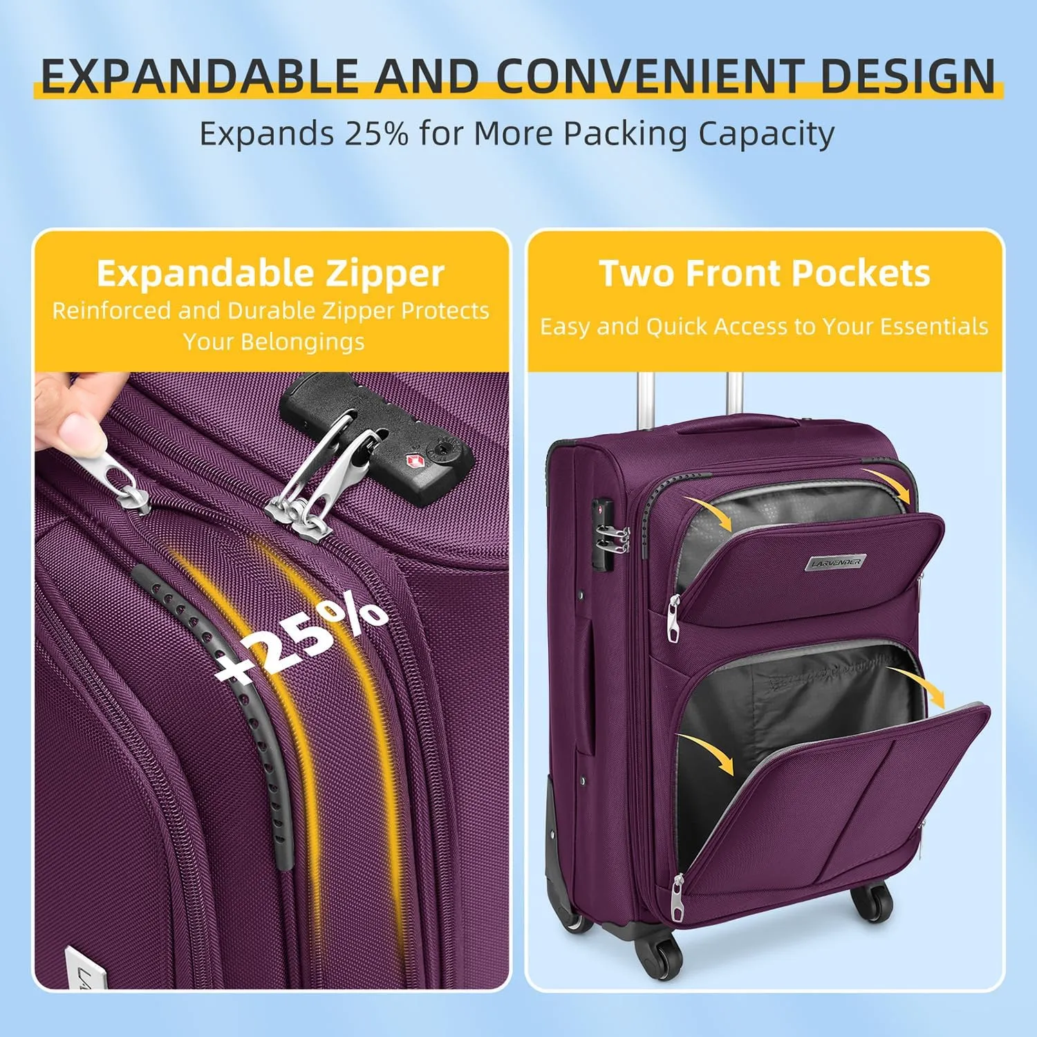 LARVENDER Softside Luggage Sets 5 Piece Expandable Suitcases Set with Spinner Wheels TSA Lock, Lightweight Soft Shell Rolling Travel Luggage Set for Men and Women, Purple, 5 Piece Sets