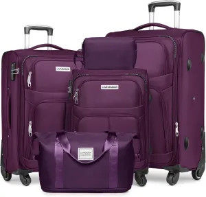 LARVENDER Softside Luggage Sets 5 Piece Expandable Suitcases Set with Spinner Wheels TSA Lock, Lightweight Soft Shell Rolling Travel Luggage Set for Men and Women, Purple, 5 Piece Sets