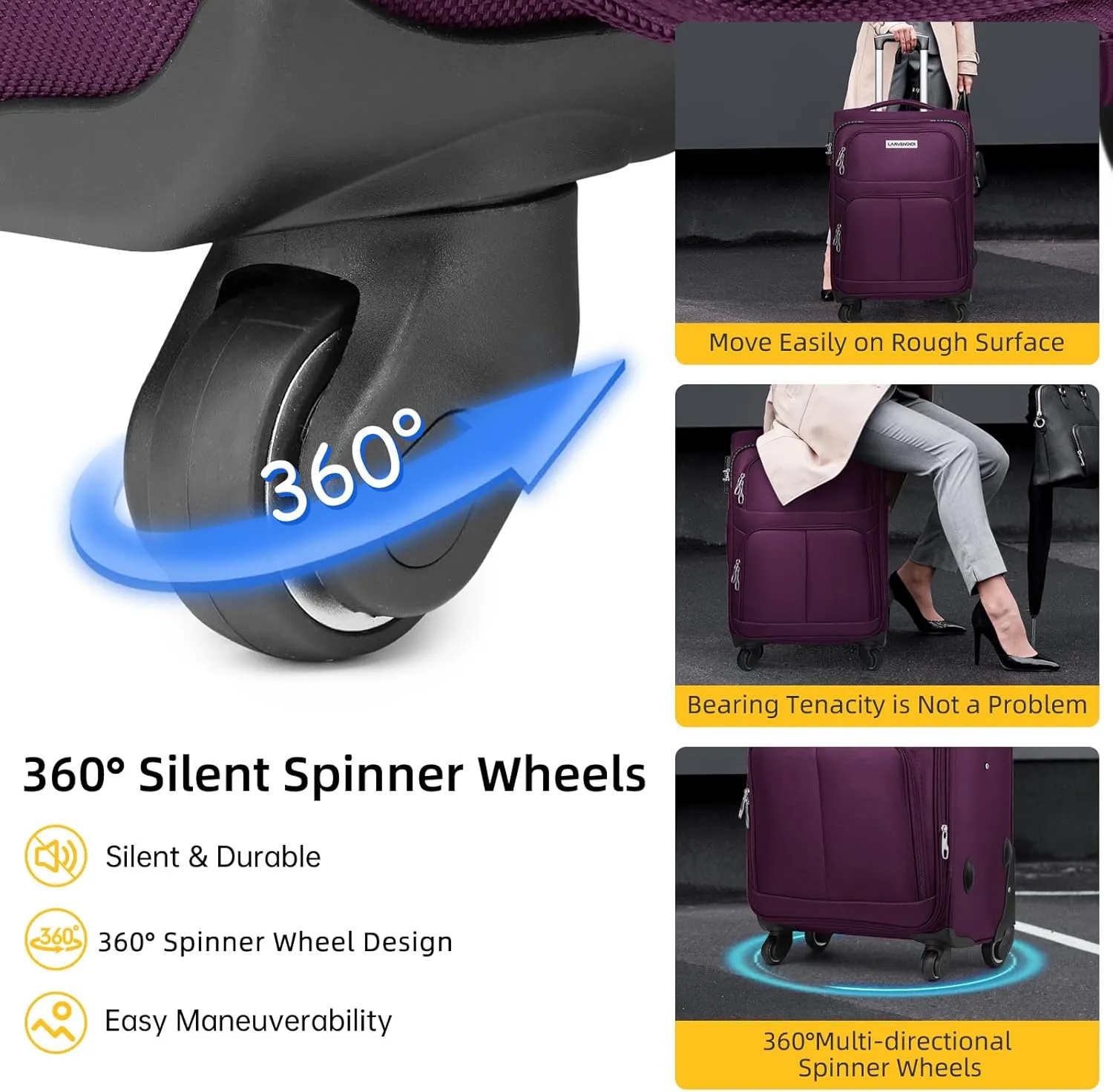 LARVENDER Softside Luggage Sets 5 Piece Expandable Suitcases Set with Spinner Wheels TSA Lock, Lightweight Soft Shell Rolling Travel Luggage Set for Men and Women, Purple, 5 Piece Sets