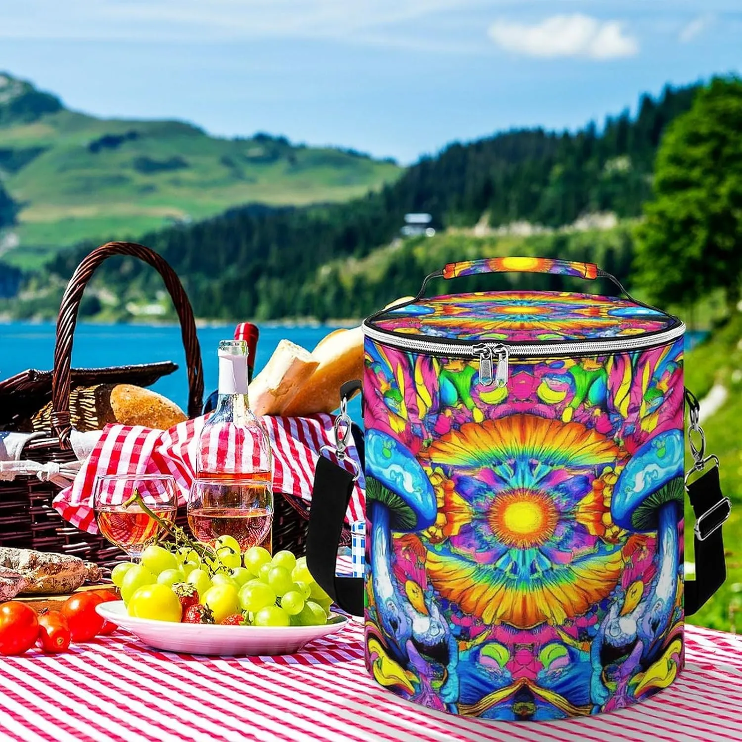 Leak Proof Trippy Rainbow Mushroom Tie Dye Art Insulated Cooling Pack Easy to Carry, Collapsible Backpack Cooler for Outdoor Picnic Lunch Hiking Camping