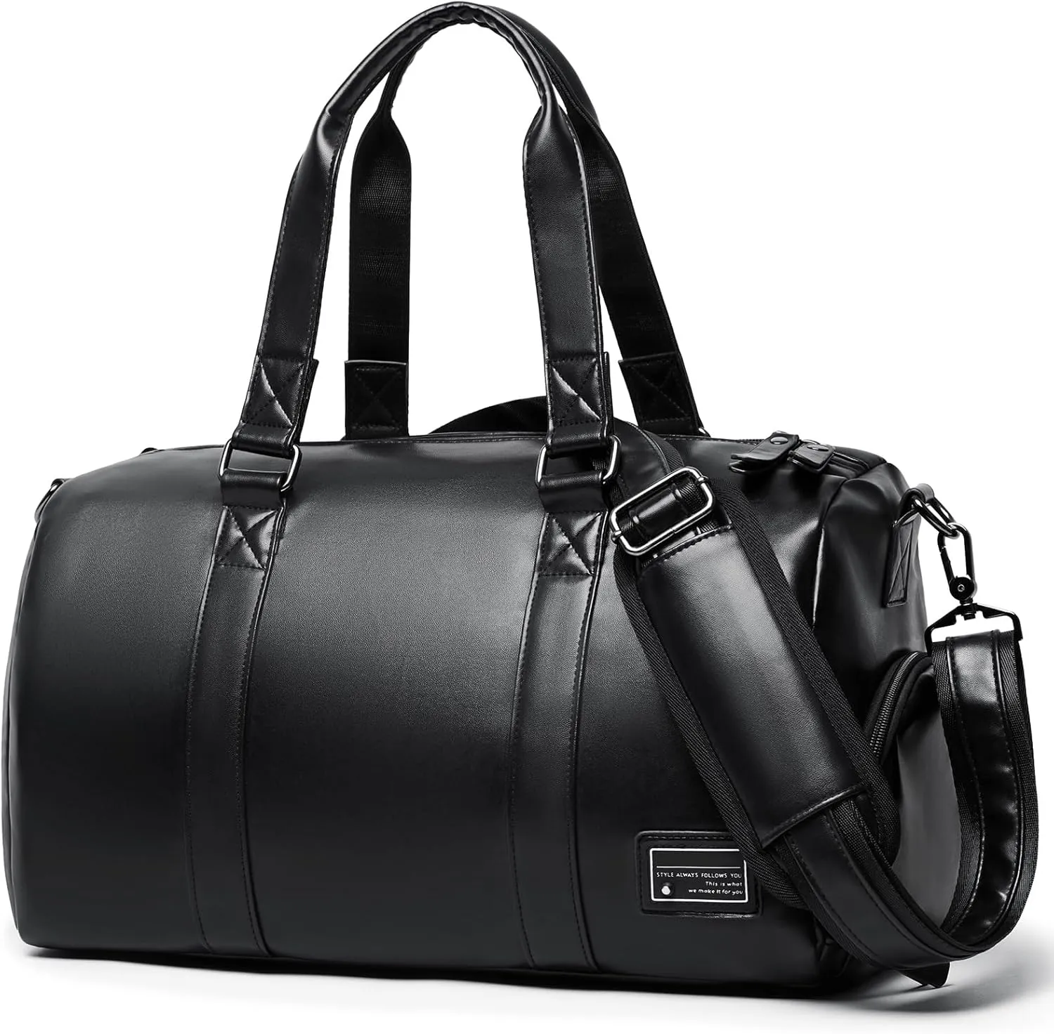 Leather Gym Bag for Men with Shoe Compartment, 32L PU Leather Duffle Travel Bag Weekender Waterproof Overnight Sports Carry-On Bag Black