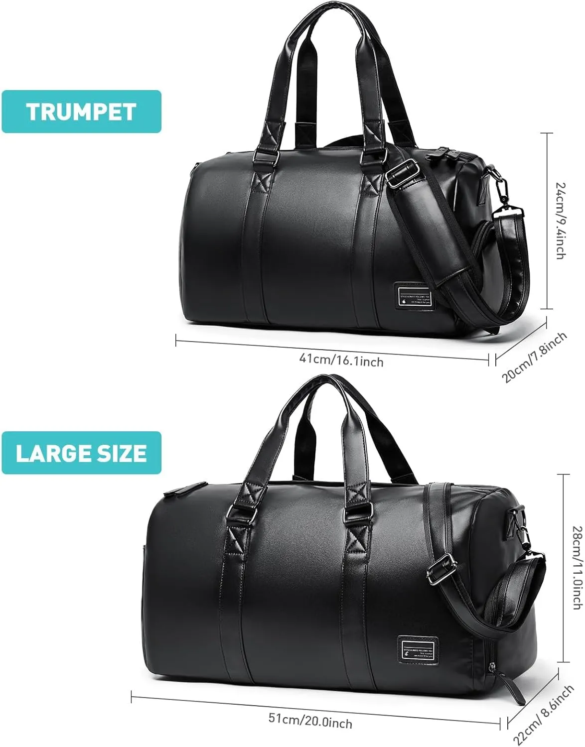 Leather Gym Bag for Men with Shoe Compartment, 32L PU Leather Duffle Travel Bag Weekender Waterproof Overnight Sports Carry-On Bag Black