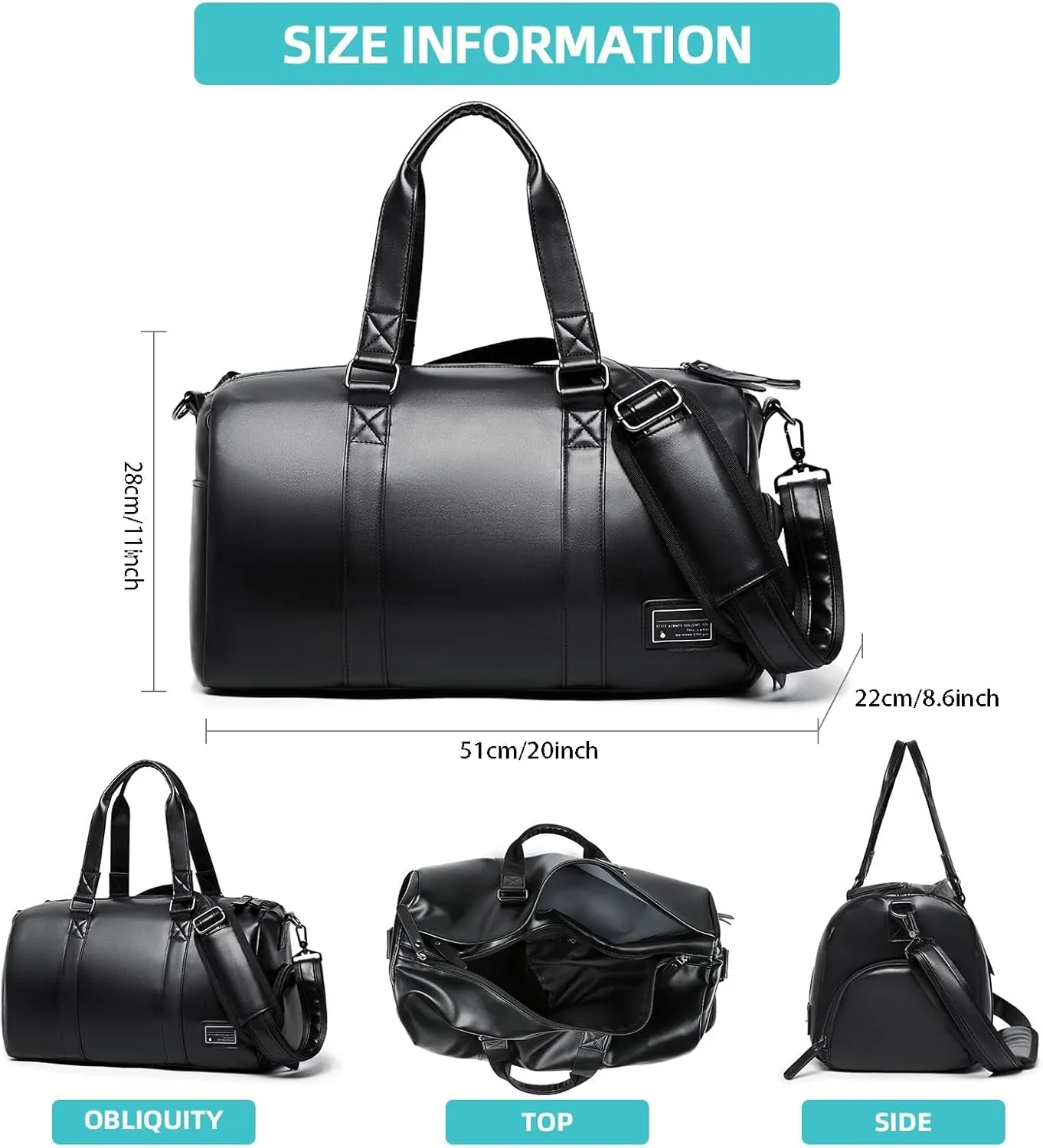 Leather Gym Bag for Men with Shoe Compartment, 32L PU Leather Duffle Travel Bag Weekender Waterproof Overnight Sports Carry-On Bag Black