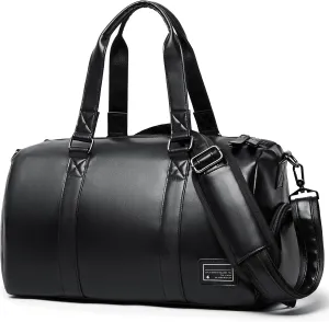 Leather Gym Bag for Men with Shoe Compartment, 32L PU Leather Duffle Travel Bag Weekender Waterproof Overnight Sports Carry-On Bag Black
