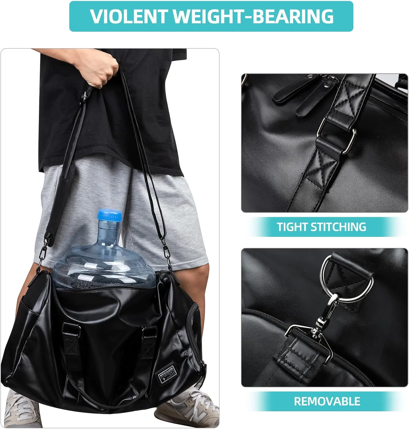 Leather Gym Bag for Men with Shoe Compartment, 32L PU Leather Duffle Travel Bag Weekender Waterproof Overnight Sports Carry-On Bag Black