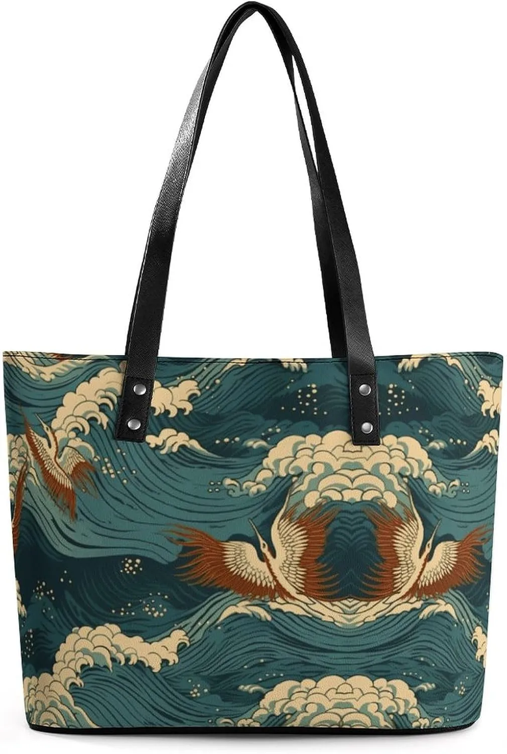 Leather Lady's Handbag, Japan Wave Wallpapers Print Women's Leather Tote Bag Leather Shoulder Bag Leather Handbag Chic Leather Handbags