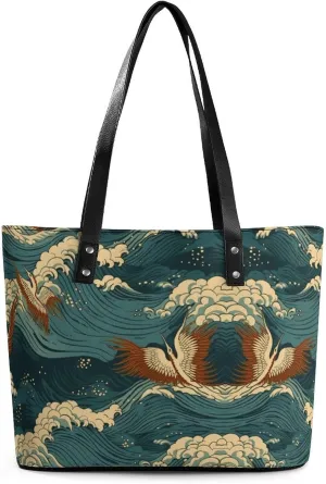 Leather Lady's Handbag, Japan Wave Wallpapers Print Women's Leather Tote Bag Leather Shoulder Bag Leather Handbag Chic Leather Handbags