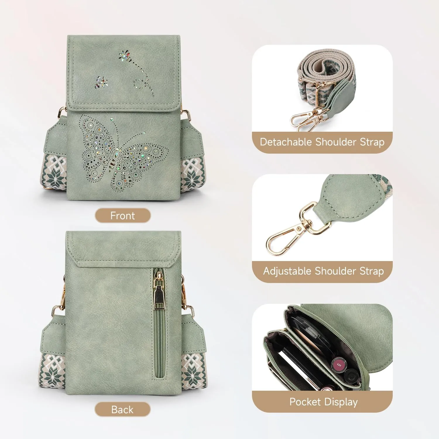 Leather Small Crossbody Bags for Women Trendy Cell Phone Bag Wallet Purses Butterfly Design